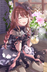 Rule 34 | bare shoulders, black gloves, brown hair, citrusmikan, closed eyes, gloves, idolmaster, idolmaster shiny colors, long hair, looking at viewer, open mouth, osaki tenka, smile