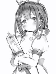 Rule 34 | 1girl, :o, alternate costume, bad id, bad pixiv id, blush, buttons, double-breasted, dress, greyscale, hair ornament, hat, head tilt, highres, holding, hololive, large syringe, looking at viewer, low twintails, medium hair, monochrome, nanashi (nlo), nurse, nurse cap, oversized object, parted lips, puffy short sleeves, puffy sleeves, short sleeves, simple background, skull hair ornament, solo, syringe, twintails, uruha rushia, virtual youtuber, white background