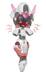 Rule 34 | &gt; &lt;, 1girl, blush, female focus, full body, hands on own cheeks, hands on own face, joints, open mouth, original, red eyes, robot girl, robot joints, simple background, smile, solo, standing, tosx, white background