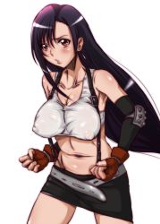Rule 34 | 1990s (style), 1girl, bare shoulders, belt, black hair, blush, breasts, cleavage, clenched hands, covered erect nipples, earrings, elbow pads, female focus, final fantasy, final fantasy vii, fingerless gloves, gloves, highres, hirokawa kouichirou, jewelry, large breasts, long hair, looking at viewer, midriff, navel, no bra, open mouth, parted lips, red eyes, retro artstyle, simple background, skirt, solo, suspender skirt, suspenders, tifa lockhart, white background