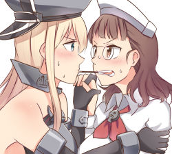 Rule 34 | 10s, 2girls, bare shoulders, bismarck (kancolle), blonde hair, blue eyes, blunt bangs, blush, breast press, brown eyes, brown hair, capelet, detached sleeves, food, glasses, gloves, hat, headdress, holding hands, ido (teketeke), kantai collection, long hair, looking at another, military, military hat, military uniform, multiple girls, peaked cap, pince-nez, pocky, pocky day, pocky kiss, roma (kancolle), shared food, simple background, sweat, symmetrical docking, uniform, wavy hair, white background, yuri