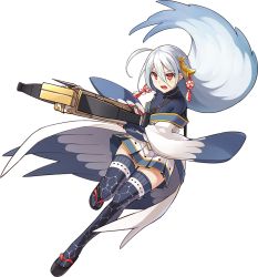 Rule 34 | 1girl, ahoge, black thighhighs, bow (weapon), crossbow, floating hair, full body, hair ornament, holding, holding bow (weapon), holding crossbow, holding weapon, kekemotsu, long hair, official art, open mouth, oshiro project:re, oshiro project:re, red eyes, sandals, shachihoko, skirt, solo, thighhighs, transparent background, weapon, white hair, yanagawa (oshiro project)