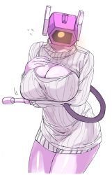 Rule 34 | 1girl, arm cannon, cable, cleavage cutout, clothed robot, clothing cutout, collarbone, colored skin, decepticon, genderswap, genderswap (mtf), glowing, glowing eye, hand on own chest, highres, humanoid robot, kotone a, nail polish, one-eyed, purple skin, ribbed sweater, robot, shockwave (transformers), solo, sweater, transformers, weapon, white background, white nails, white sweater, yellow eyes