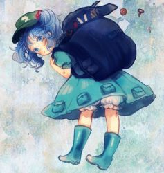 Rule 34 | 1girl, backpack, bad id, bad twitter id, bag, bent over, bloomers, blue eyes, blue footwear, blue hair, boots, from behind, gradient background, hair bobbles, hair ornament, hat, kawashiro nitori, looking at viewer, looking back, matching hair/eyes, puffy sleeves, rubber boots, screw, shirt, short sleeves, skirt, skirt set, solo, touhou, twintails, two side up, underwear, yujup