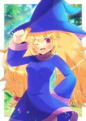 Rule 34 | 1girl, ;d, arm up, blonde hair, blue dress, blue hat, blurry, blurry background, blush, breasts, commentary request, commission, copyright request, day, depth of field, dress, hair between eyes, hat, kou hiyoyo, lens flare, long hair, long sleeves, looking at viewer, medium breasts, one eye closed, open mouth, red eyes, sharp teeth, skeb commission, smile, solo, teeth, torn clothes, torn hat, twintails, very long hair, witch hat