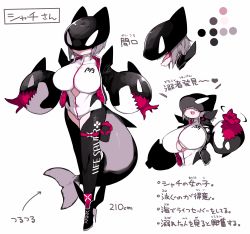 Rule 34 | 1girl, breasts, character sheet, covered eyes, fang, highres, large breasts, mato tsuyoi, monster girl, multiple views, open hands, open mouth, orca, original, sharp teeth, teeth, white background