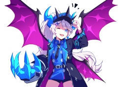 Rule 34 | 1girl, absurdres, asymmetrical gloves, black jacket, black necktie, blue eyes, blue shirt, commentary request, crown, demon girl, demon horns, demon wings, elsword, flat chest, gauntlets, gloves, hand on headwear, hat, headwear request, highres, horns, jacket, jewelry, long hair, looking at viewer, luciela r. sourcream, mismatched gloves, necktie, noblesse (elsword), open mouth, pink wings, pointy ears, ring, shirt, simple background, smile, solo, spikes, star-shaped pupils, star (symbol), symbol-shaped pupils, tail, timoria (elsword), very long hair, white background, white hair, wings, yumuto (spring1786)