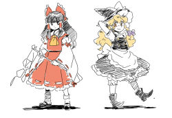 Rule 34 | 2girls, apron, ascot, black eyes, black hair, blonde hair, blunt bangs, boots, bow, detached sleeves, female focus, freckles, gohei, hair bow, hair tubes, hakurei reimu, hat, hat bow, japanese clothes, kirisame marisa, long hair, mary janes, miko, mitsumoto jouji, multiple girls, shoes, short sleeves, simple background, sketch, skirt, skirt set, standing, touhou, white background, witch, witch hat, yellow eyes