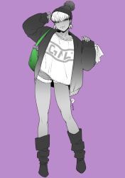 Rule 34 | 1girl, arm up, bag, beanie, boots, butakun, clothes writing, commentary request, cutoff jeans, cutoffs, dark-skinned female, dark skin, ear piercing, earrings, full body, green bag, greyscale with colored background, gyaru, hand up, handbag, hat, jacket, jewelry, looking at viewer, mole, mole under eye, open clothes, open jacket, original, piercing, purple background, shirt, shopping bag, short hair, short shorts, shorts, signature, simple background, sleeves past wrists, solo, standing, thighs