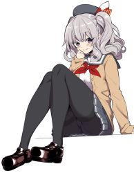 Rule 34 | 10s, 1girl, alternate costume, arm support, beret, black pantyhose, blue eyes, blush, cardigan, clenched hand, hanauna, hand to own mouth, hat, kantai collection, kashima (kancolle), loafers, long hair, looking at viewer, neckerchief, open cardigan, open clothes, panties, panties under pantyhose, pantyhose, pleated skirt, school uniform, serafuku, shoes, silver hair, sitting, skirt, sleeves past wrists, smile, solo, thighband pantyhose, twintails, underwear, wavy hair, white background