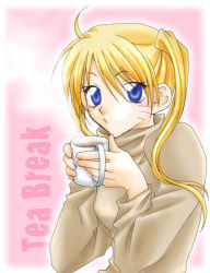 Rule 34 | 1girl, ahoge, artist request, bad anatomy, blonde hair, blue eyes, blush, breasts, calm, casual, closed mouth, cup, english text, facial mark, facing viewer, genderswap, genderswap (mtf), hands up, holding, holding cup, long hair, long sleeves, looking at viewer, medium breasts, naruko (naruto), naruto, naruto (series), poorly drawn, solo, steam, tea, teacup, turtleneck, twintails, upper body, uzumaki naruto, whisker markings, whiskers