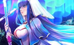 Rule 34 | 1girl, aurora, bad id, bad pixiv id, blue capelet, blue eyes, blunt bangs, breasts, capelet, center opening, cleavage, closed mouth, commentary request, crosier, cross, detached collar, dress, fate/grand order, fate (series), fingernails, floating hair, hime cut, holding, holding cross, holding staff, holding weapon, large breasts, lips, long hair, long sleeves, looking away, martha (fate), night, night sky, outdoors, pink lips, purple hair, seki (sekixview), serious, sidelocks, sky, solo, staff, star (sky), straight hair, tree, upper body, veil, very long hair, weapon, white dress
