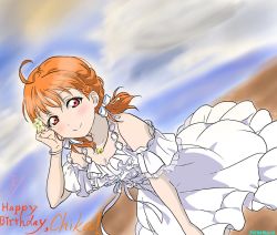 Rule 34 | 1girl, alternate hairstyle, antenna hair, artist name, artist request, bare shoulders, beach, blue sky, blush, bow, braid, breasts, cleavage, cloud, collarbone, dress, female focus, frill trim, frills, hair bow, halter dress, halterneck, highres, jewelry, looking at viewer, love live!, love live! school idol festival, love live! school idol festival all stars, love live! sunshine!!, medium breasts, mountain, necklace, ocean, off-shoulder dress, off shoulder, orange hair, outdoors, parted lips, playing with own hair, red eyes, short hair, sky, sleeveless, sleeveless dress, smile, solo, star (symbol), star necklace, takami chika, twintails, white bow, white dress, yasumaru