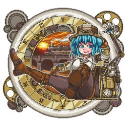Rule 34 | 1girl, alternate costume, arm belt, arm up, backpack, bag, blue eyes, blue hair, blush, boots, breasts, bridge, brown footwear, choker, cross-laced footwear, engineer, gears, gloves, hair bobbles, hair ornament, hand on headwear, hat, jewelry, kawashiro nitori, key, key necklace, lace-up boots, leather, leather boots, long sleeves, looking away, matching hair/eyes, mechanical arms, mizusuke, necklace, ootsue iichi, open mouth, pantyhose, pixel art, shirt, short hair, single mechanical arm, sitting, skirt, smile, solo, steampunk, sunset, thigh boots, thighhighs, top hat, touhou, train, transparent background, twintails, two side up, white shirt