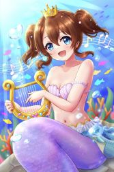 Rule 34 | 1girl, :d, air bubble, bare shoulders, blue eyes, blue skirt, breasts, brown hair, bubble, commentary, crown, day, fish, hair between eyes, harp, highres, holding, holding instrument, instrument, konoe haruka, looking at viewer, love live!, love live! school idol festival, mermaid, mini crown, miniskirt, monster girl, music, musical note, navel, off shoulder, open mouth, playing instrument, ritaso, rock, shell, shell bikini, short hair, short twintails, sidelocks, sitting, skirt, small breasts, smile, solo, sunlight, twintails, underwater