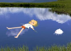 Rule 34 | 1girl, afloat, barefoot, blonde hair, blue sky, closed eyes, cloud, creature, facing up, floating hair, grass, light blush, midriff, navel, null-meta, odayaka, open mouth, orange shorts, outdoors, outstretched arms, photo background, pond, reflection, reflective water, refraction, ripples, shirt, short hair, short sleeves, shorts, sky, smile, solo, spread arms, swimming, t-shirt, uozumi kurumi, white shirt