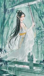 Rule 34 | 1girl, absurdres, artist request, backless dress, backless outfit, bamboo, bamboo forest, bare shoulders, beads, black hair, closed mouth, dress, forest, from behind, hair ornament, hair rings, highres, long hair, looking back, lu xueqi (zhu xian), nature, railing, rain, sash, second-party source, solo, umbrella, white dress, zhu xian