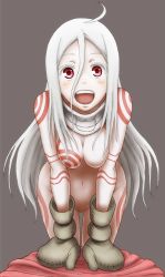 Rule 34 | 1girl, ahoge, albino, bodysuit, breasts, collar, colored eyelashes, deadman wonderland, gloves, gluteal fold, highres, long hair, mittens, navel, open mouth, red eyes, shiro (deadman wonderland), skin tight, smile, solo, very long hair, white hair, you (maumauyo)