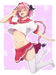 Rule 34 | 1boy, absurdres, arched back, astolfo (fate), astolfo (sailor paladin) (fate), bad id, bad pixiv id, black bow, black ribbon, blush, border, bow, braid, crop top, fang, fate/apocrypha, fate/grand order, fate (series), full body, hair between eyes, hair intakes, hand gesture, highres, hip focus, jumping, legs, long braid, long hair, looking at viewer, male focus, midriff, miniskirt, multicolored hair, navel, neckerchief, official alternate costume, one eye closed, open mouth, outside border, pink background, pink hair, pleated skirt, purple eyes, ramchi, red neckerchief, red sailor collar, red skirt, ribbon, sailor collar, school uniform, serafuku, shirt, short sleeves, single braid, skin fang, skirt, smile, solo, star (symbol), starry background, streaked hair, thighhighs, thighs, trap, v, v-shaped eyebrows, very long hair, white border, white shirt, white thighhighs
