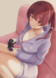 Rule 34 | 1girl, breasts, cleavage, collarbone, controller, couch, game controller, highres, holding, holding controller, holding game controller, hololive, houshou marine, large breasts, looking at viewer, medium hair, multicolored eyes, pajamas, red hair, sitting, solo, tongue, two side up, virtual youtuber, yamikyon