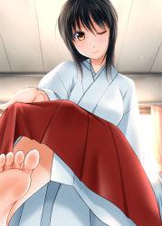Rule 34 | 1girl, barefoot, black hair, feet, foot focus, from below, hakama, hakama skirt, highres, japanese clothes, long hair, looking at viewer, looking down, miko, one eye closed, pov, red hakama, skirt, smile, soles, solo, toes, wink, yellow eyes