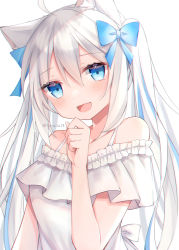 Rule 34 | 1girl, :d, ahoge, animal ears, bare shoulders, blue bow, blue eyes, blue hair, blush, bow, commentary, dress, closed eyes, fang, hair bow, highres, multicolored hair, off-shoulder dress, off shoulder, open mouth, original, ringouulu, silver hair, skin fang, smile, solo, spaghetti strap, streaked hair, symbol-only commentary, twintails, upper body, white dress