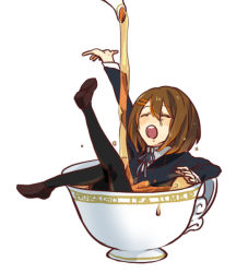 Rule 34 | 1girl, brown hair, closed eyes, cup, gime, hirasawa yui, in container, in cup, k-on!, mini person, minigirl, oversized object, pantyhose, school uniform, short hair, solo, tea, teacup, teapot, wet