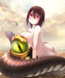 Rule 34 | 1girl, ass, black hair, breasts, day, fate/grand order, fate (series), female focus, lamia, lamia (fate), large breasts, monster girl, outdoors, re lucy, red eyes, short hair, solo