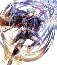 Rule 34 | 1boy, armor, armored boots, asatani tomoyo, blue armor, blue eyes, boots, cape, elbow pads, ephraim (fire emblem), fire emblem, fire emblem: the sacred stones, fire emblem heroes, full body, gauntlets, green hair, highres, holding, holding weapon, looking away, male focus, nintendo, non-web source, official art, open mouth, pants, polearm, short hair, shoulder armor, shoulder pads, solo, transparent background, weapon