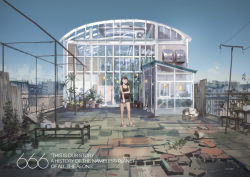 Rule 34 | 1girl, bare arms, bare legs, blue sky, city, cloud, day, english text, engrish text, greenhouse, hjl, original, outdoors, plant, potted plant, ranguage, rooftop, sandals, short shorts, shorts, sky, skyline, solo, standing, tank top