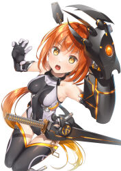 Rule 34 | 1girl, black thighhighs, breasts, brown eyes, claw pose, elbow gloves, gauntlets, gloves, highres, leotard, long hair, looking at viewer, moti ken, open mouth, orange hair, original, ponytail, single gauntlet, small breasts, solo, thighhighs, two-tone leotard, very long hair, white background