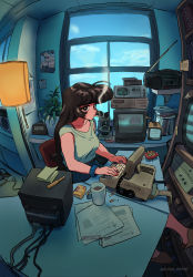Rule 34 | 1980s (style), 1girl, absurdres, aheahead, ahoge, amane natsuko, ashtray, black eyes, black hair, bright pupils, cable, calendar (object), cd, chair, character name, cigarette, cigarette butt, cigarette pack, clock, computer, crt, cup, desk, fisheye, highres, indie virtual youtuber, lamp, long hair, looking at viewer, microscope, monitor, mug, nail polish, official art, oldschool, oscilloscope, plant, portable computer, potted plant, power strip, radio, red nails, retro artstyle, shelf, sitting, slippers, smoke, smoking, solo, sticky note, television, typing, virtual youtuber, white pupils, window, wire