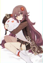 Rule 34 | 1girl, absurdres, brown hair, coria, closed eyes, fang, flower, genshin impact, ghost, hair flower, hair ornament, happy, hat, highres, hu tao (genshin impact), hug, long sleeves, looking at viewer, open mouth, red eyes, shorts, smile, socks, symbol-shaped pupils