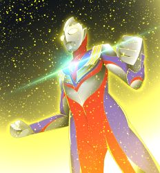 Rule 34 | 1boy, absurdres, alien, aura, color timer, commentary request, glitter tiga, glowing, glowing eyes, highres, kal (kaerutoyomu), light particles, solo, tokusatsu, ultra series, ultraman tiga, ultraman tiga (series), yellow eyes
