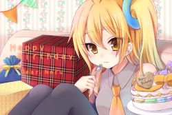 Rule 34 | 1girl, :3, akita neru, bare shoulders, birthday, birthday cake, blonde hair, blush, box, cake, closed mouth, collared shirt, couch, english text, floral print, food, fork, gift, gift bag, gift box, gradient hair, hair ornament, holding, holding fork, indoors, karasuma nata, knees up, light smile, long hair, looking to the side, macaron, multicolored hair, necktie, pantyhose, pennant, shirt, side ponytail, sitting, sleeveless, sleeveless shirt, solo, tsurime, vocaloid, yellow eyes