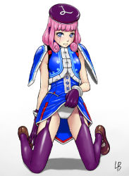 Rule 34 | 1girl, android, blue eyes, blue skirt, cameltoe, clothes lift, curly hair, cyborg, embarrassed, frown, full body, garter straps, gloves, hat, kneeling, lb, looking at viewer, lou, lou (phantasy star), panties, phantasy star, phantasy star universe, pink hair, purple thighhighs, pussy juice, robot ears, shoes, short hair, shoulder pads, signature, simple background, skirt, skirt lift, skirt set, sleeveless, solo, thighhighs, underwear, upskirt, white background, white panties