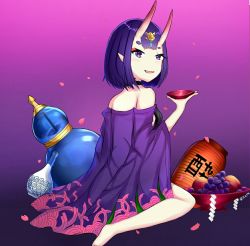 Rule 34 | 1girl, :d, bare shoulders, barefoot, blush, breasts, commentary request, cup, fate/grand order, fate (series), food, fruit, gourd, gradient background, grapes, hair ornament, holding, horns, lantern, looking at viewer, looking to the side, off shoulder, oni, open mouth, paper lantern, petals, pink background, pointy ears, purple background, purple eyes, purple hair, rocm (nkkf3785), sakazuki, shide, short hair, shuten douji (fate), shuten douji (first ascension) (fate), sitting, skin-covered horns, small breasts, smile, solo, wariza