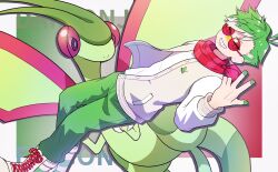 Rule 34 | 1boy, :d, boots, character name, creatures (company), daimonji ryugon, flygon, game freak, gen 3 pokemon, green hair, green nails, green pants, grin, hand up, highres, jacket, looking at viewer, male focus, nintendo, onpa (onpa sound), open clothes, open jacket, open mouth, pants, pokemon, pokemon (creature), red-tinted eyewear, red scarf, scarf, shirt, short hair, smile, tinted eyewear, trait connection, v-shaped eyebrows, voms, w, white footwear, white jacket, white shirt