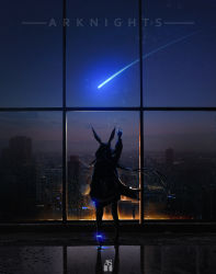 Rule 34 | 1girl, amiya (arknights), anklet, arknights, back, backlighting, black jacket, building, city, city lights, copyright name, dark, facing away, from behind, full body, glowing jewelry, highres, jacket, jewelry, night, night sky, outstretched arm, rabbit girl, ring, shooting star, sky, solo, standing, star (sky), window, zixiang zeng