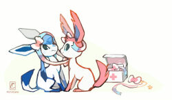 Rule 34 | blue eyes, blue hair, bow, box, closed mouth, creatures (company), game freak, gen 4 pokemon, gen 6 pokemon, glaceon, hair ornament, nintendo, no humans, pichiicake, pink hair, pokemon, pokemon (creature), ribbon, sidelocks, sitting, smile, sylveon