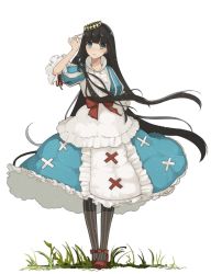 Rule 34 | 1girl, black hair, blue dress, blunt bangs, bow, crown, dress, frilled dress, frills, full body, grass, highres, hrmnas, long hair, maerchen (album), pantyhose, puffy short sleeves, puffy sleeves, red bow, red ribbon, ribbon, schneewittchen, short sleeves, solo, sound horizon, striped clothes, striped pantyhose, very long hair