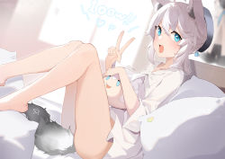 Rule 34 | 1girl, :d, absurdres, ahoge, animal ear fluff, animal ears, ass, bare legs, barefoot, bed, beret, black hat, blue eyes, collared shirt, commentary request, fox ears, fox girl, fox tail, hair between eyes, hand up, hat, heart, highres, hololive, indoors, knees up, long sleeves, meng ge 3 (565571710), on bed, open mouth, pillow, shirakami fubuki, shirakami fubuki (street), shirt, smile, solo, tail, v, virtual youtuber, white hair, white shirt, window
