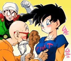 Rule 34 | 1girl, age difference, angry, arm up, bald, beard, black hair, blue eyes, blue shirt, blush, breast poke, breasts, cape, clenched teeth, closed mouth, dragon ball, dragonball z, embarrassed, facial hair, gloves, headband, hetero, highres, holding, looking at another, medium breasts, mustache, muten roushi, old, old man, older man and younger girl, open mouth, poking, shirt, short hair, simple background, smile, son gohan, sound effects, standing, sunglasses, sweatdrop, t-shirt, teeth, upper body, videl, white beard, white facial hair, white mustache, yamamoto doujin, yellow background
