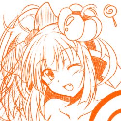 Rule 34 | 1girl, artist request, bow, bowtie, candy, cosmic break, fang, food, hair bow, hat, looking at viewer, monochrome, nude, one eye closed, orange theme, pepo pucchi, ponytail, pumpkin hat, sketch, smile, solo, wink