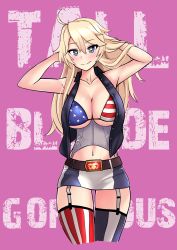 Rule 34 | 1girl, absurdres, adjusting hair, ahoge, american flag bikini, arms behind head, arms up, asymmetrical legwear, bare shoulders, belt, bikini, black vest, blonde hair, blue eyes, breasts, buttons, cleavage, clothes writing, collar, collarbone, corset, flag print, front-tie top, full body, garter straps, hair between eyes, hands in hair, highres, iowa (kancolle), kantai collection, large breasts, long hair, looking at viewer, miniskirt, mismatched legwear, navel, no headwear, open clothes, open vest, pink background, shiny skin, simple background, skirt, sleeveless, smile, solo, star-shaped pupils, star (symbol), stomach, striped, swimsuit, symbol-shaped pupils, the only shoe, thighhighs, unbuttoned, underboob, very long hair, vest