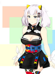 Rule 34 | 1girl, bad id, bad pixiv id, bare shoulders, blue eyes, breasts, cleavage, cleavage cutout, clothing cutout, dress, hair ornament, highres, kaguya luna, large breasts, looking at viewer, medium hair, noel (nnoelllll), obi, plus sign, sash, silver hair, simple background, sleeveless, sleeveless dress, smile, solo, square, standing, the moon studio, thighhighs, twintails, virtual youtuber, wristband