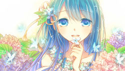 Rule 34 | 1girl, absurdres, blue eyes, blue hair, blush, bug, butterfly, flower, hair flower, hair ornament, highres, hydrangea, bug, kam (kkying2008), long hair, looking at viewer, matching hair/eyes, open mouth, original, smile, solo, upper body