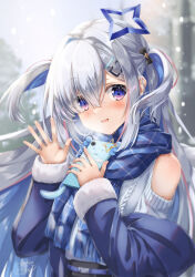 Rule 34 | 1girl, absurdres, amane kanata, aran sweater, asymmetrical bangs, black bow, blue hair, blue jacket, blue scarf, blurry, blurry background, blush, bow, cable knit, cellphone, clothing cutout, colored inner hair, day, fur-trimmed sleeves, fur trim, grey hair, grey sweater, hair bow, hair intakes, hair ornament, hair over one eye, hairclip, halo, highres, holding, holding phone, hololive, jacket, long hair, long sleeves, looking at viewer, multicolored hair, off shoulder, open mouth, outdoors, phone, pink hair, plaid, plaid scarf, purple eyes, scarf, shoulder cutout, smartphone, smile, snow, snowing, solo, star halo, streaked hair, sweater, tree, two side up, upper body, virtual youtuber, waving, yukikawa sara