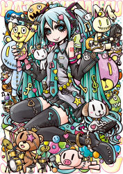 Rule 34 | 1girl, anklet, aqua eyes, aqua hair, aqua nails, beamed quavers, rabbit, cake, chain, character name, crown, detached sleeves, dog, drum, drum set, electric guitar, eyepatch, food, guitar, hair ornament, hatsune miku, heart, instrument, jewelry, keyboard (instrument), long hair, microphone, musical note, nail polish, necktie, pig, pleated skirt, project.c.k., quaver, sitting, skirt, smiley face, solo, star (symbol), stuffed animal, stuffed toy, teddy bear, thighhighs, tongue, tongue out, treble clef, twintails, very long hair, vocaloid, wariza, zettai ryouiki