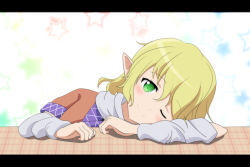 Rule 34 | 1girl, arm warmers, blonde hair, blush, cato (monocatienus), green eyes, head rest, letterboxed, looking at viewer, mizuhashi parsee, one eye closed, plaid, pointy ears, smile, solo, star (symbol), starry background, tablecloth, tareme, touhou, wink
